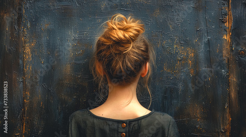 Woman standing in front of a textured dark wall, view from the back.