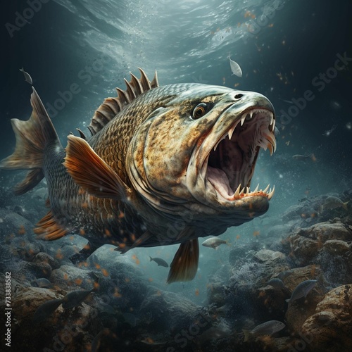 AI generated illustration of an underwater monster fish with its mouth open photo