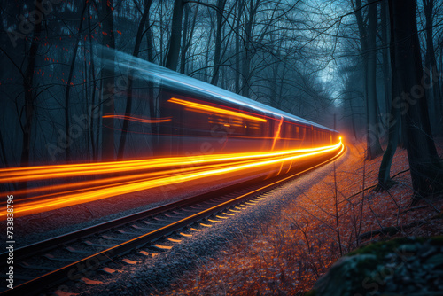 Train in motion in night leaving a light trail. Long exposure. Background image. Created with Generative AI technology