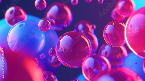 Blue and purple pink gradient color floating liquid blob. 3d render, abstract pastel pink blue background with iridescent magical air bubbles, wallpaper with glass balls or water drops