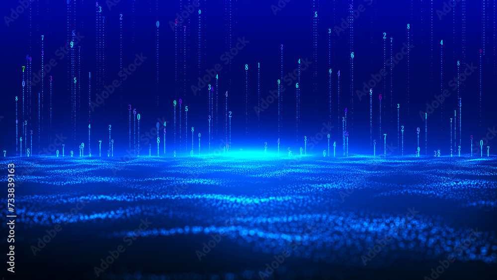 Bright numbers on a blue background. Glowing sparks fly upward. Lava. Bright wave of particles. Colored glowing numbers rising on a blue background in 4k