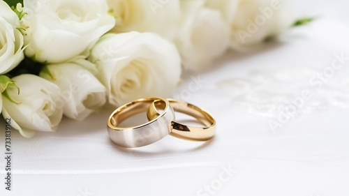 White flowers and two golden wedding rings, wedding invitation background. 