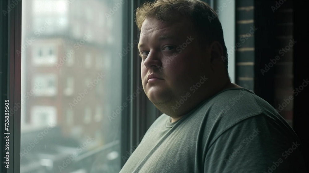 AI generated illustration of a portrait of a fat man standing at the window