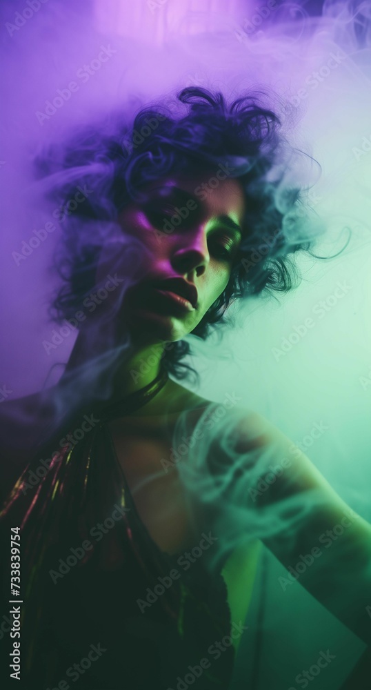 Fototapeta premium An AI illustration of the woman is making a smoke sign in the dark light
