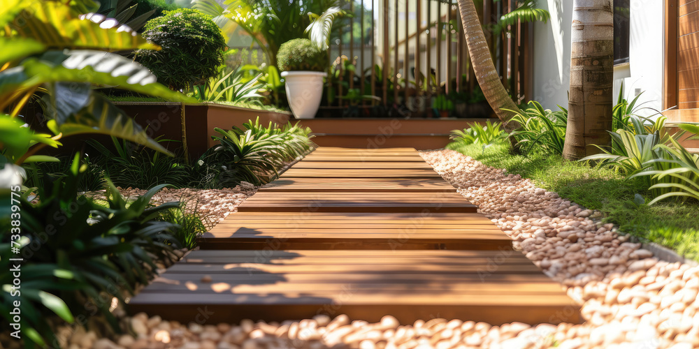 Modern Suburban Home Entrance Pathway. A neat wooden pathway leads to a modern home amidst lush greenery.