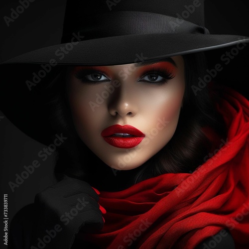 An AI illustration of the woman is wearing a hat and red scarf and posing for a picture