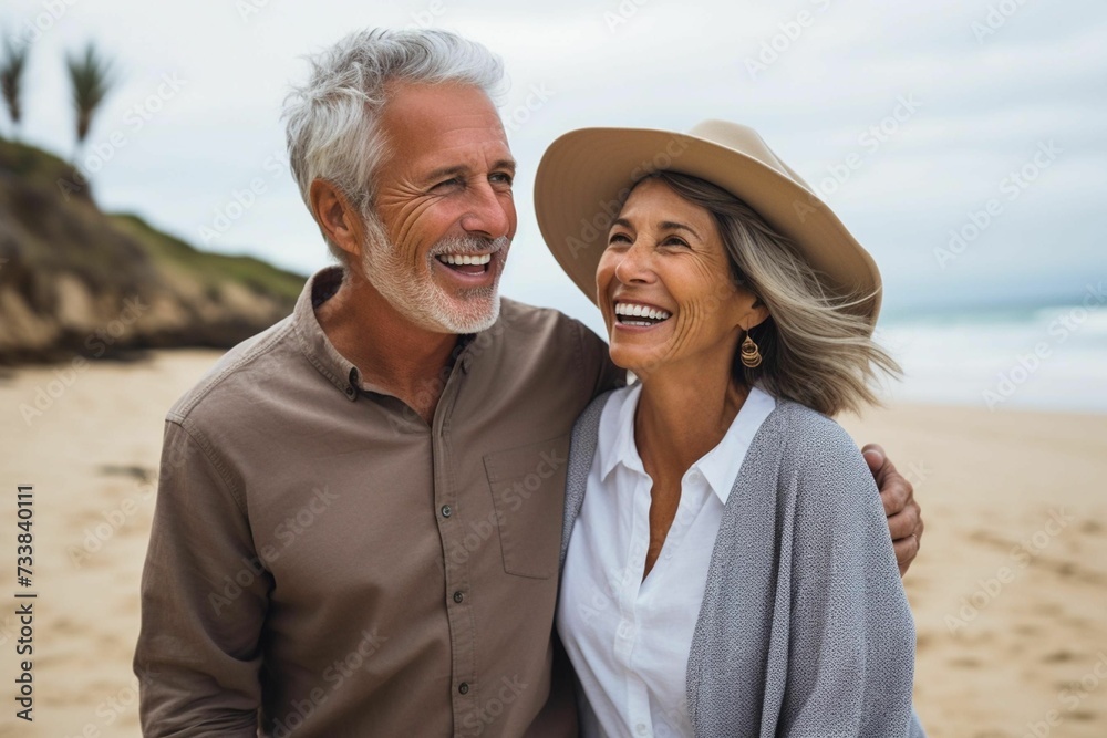 AI generated illustration of Portrait of a joyful senior couple on a sunny day at the beach AI generated illustration of Portrait of a joyful senior couple on a sunny day at the beach