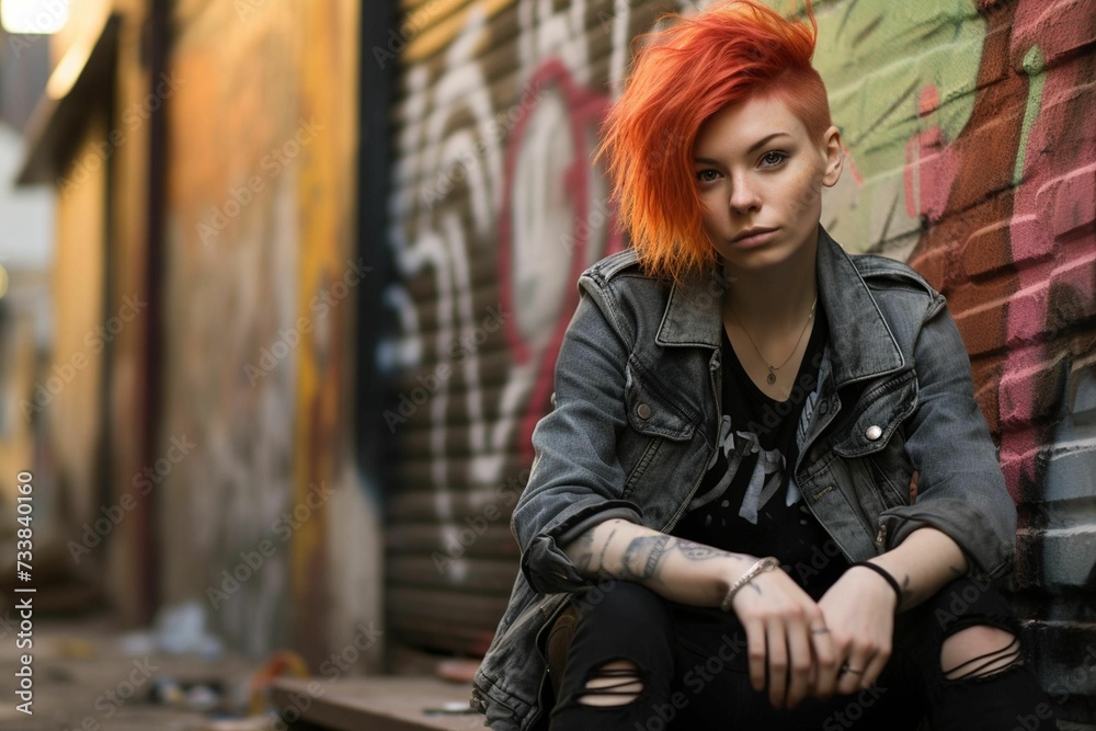 AI generated illustration of A young woman with vibrant orange hair with a blurry background