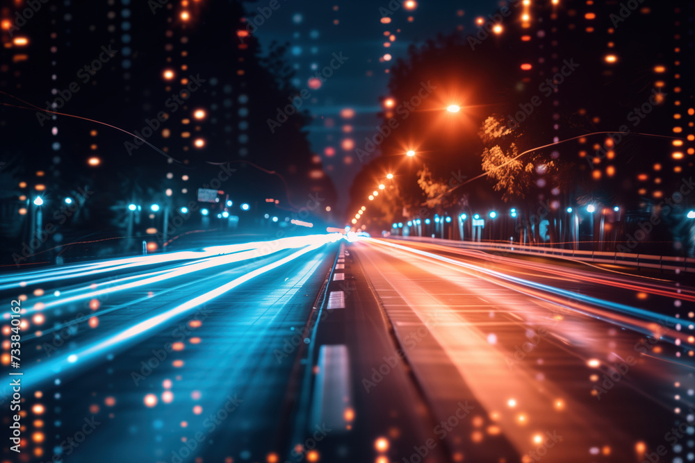 Night traffic in the city. Colorful light trails. Long exposure. Background image. Created with Generative AI technology Night traffic in the city. Colorful light trails. Long exposure. Background image. Created with Generative AI technology