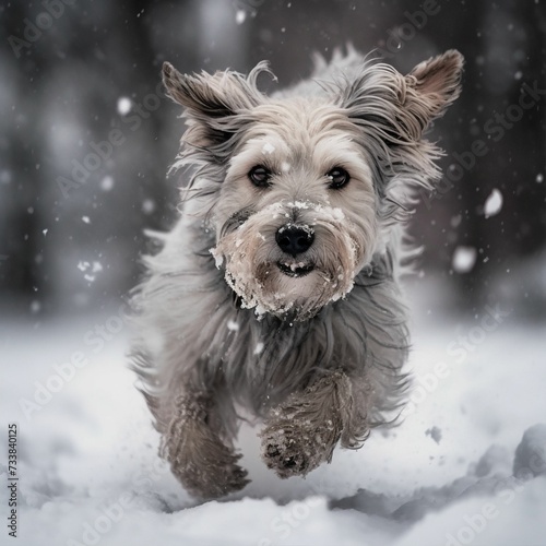 AI generated illustration of a cute, small dog running through the snow-covered woods photo