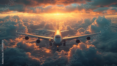 Airplane ascending through a dramatic sunset cloudscape.