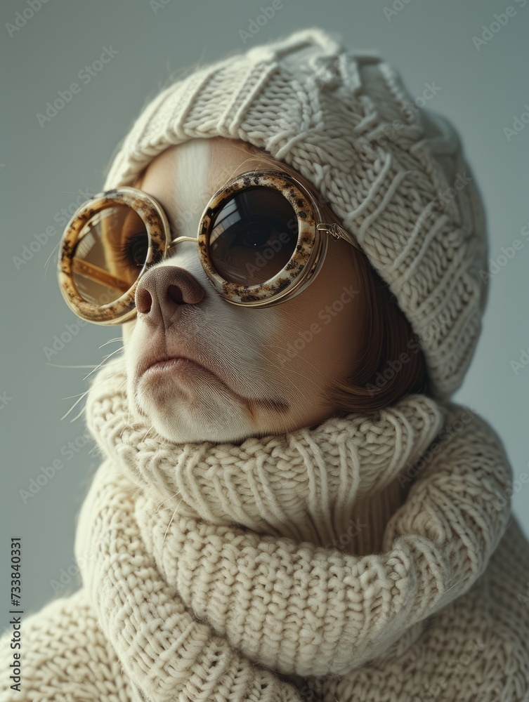 People dress up as animal, Small Dog Wearing Glasses and Scarf