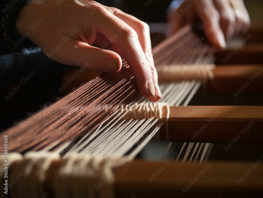 AI generated illustration of a person using a traditional small wooden loom to craft a textile item