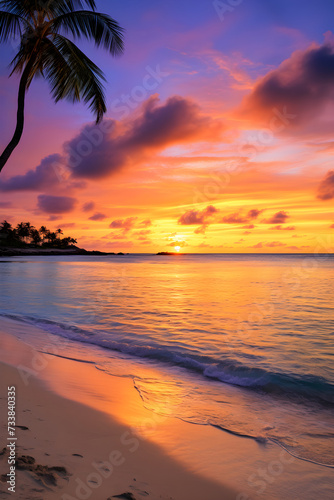 Serene Tropical Beach Landscape at Sunset: A Perfect Destination for Relaxation and Serenity
