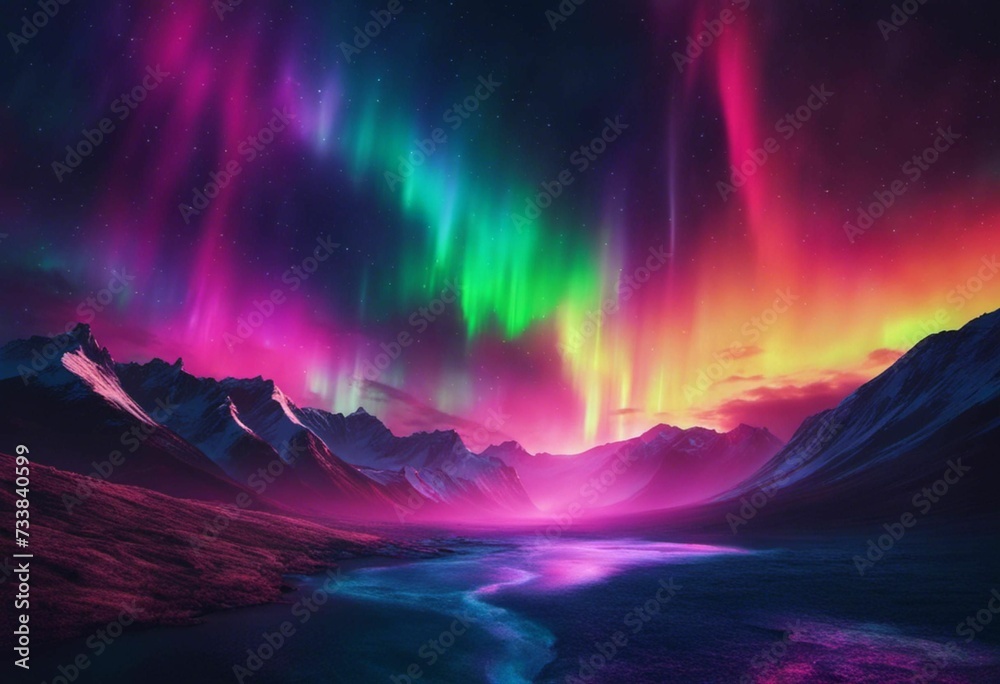 AI generated illustration of a majestic night sky featuring a brilliant aurora, with mountains