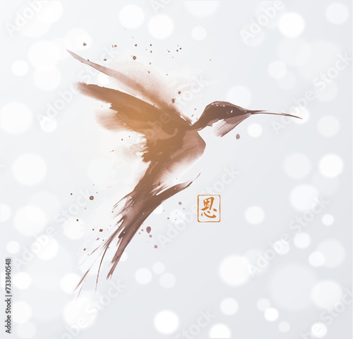 Ink wash painting of hummingbird on white shimmering background. Traditional oriental ink painting sumi-e, u-sin, go-hua. Hieroglyph - grace.