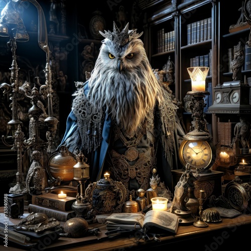 a creepy owl stands next to an antique clock and various types of objects