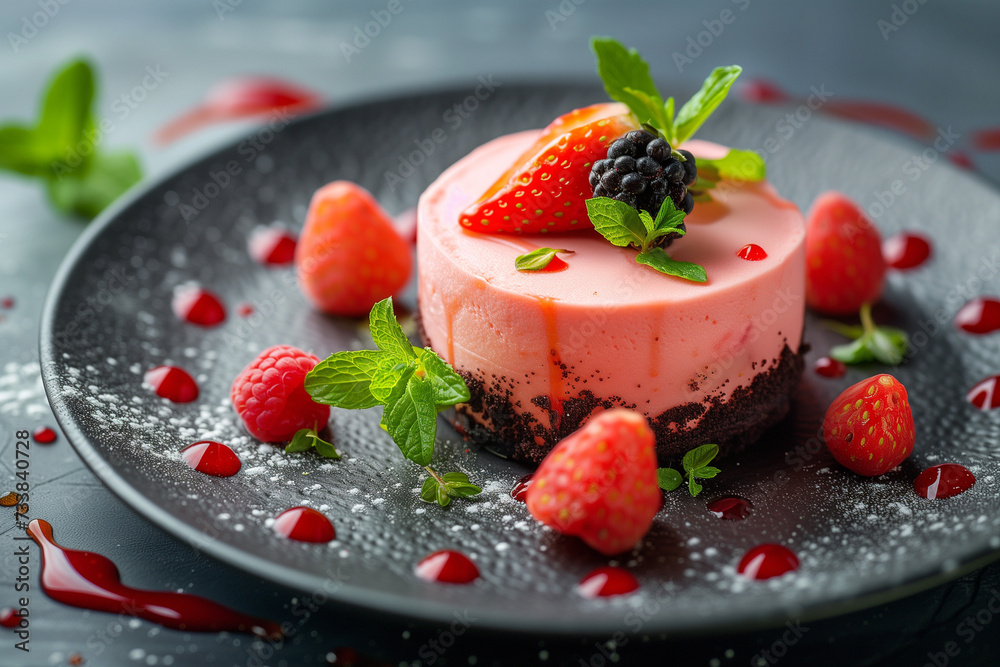 exclusive and handmade cheesecake with strawberries and raspberries on a dark plate.