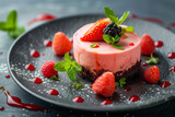 exclusive and handmade cheesecake with strawberries and raspberries on a dark plate.