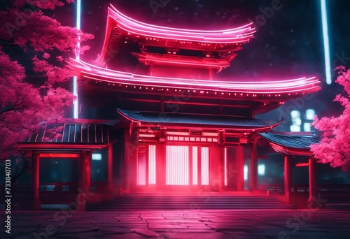 AI generated illustration of a traditional Chinese temple in pink neon lights photo