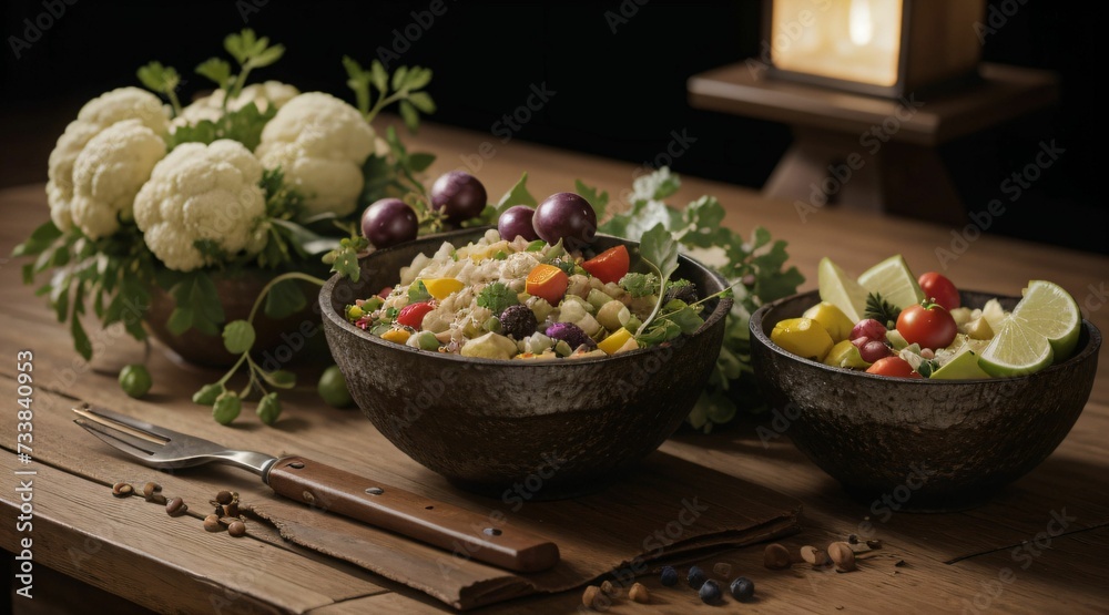 AI generated illustration of a bowl of herbs, broccoli and fruits on a wooden table AI generated illustration of a bowl of herbs, broccoli and fruits on a wooden table