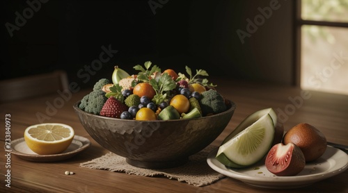 AI generated illustration of a bowl of herbs, broccoli and fruits on a wooden table