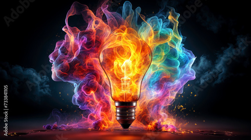 AI generated illustration of a lightbulb glowing in the middle of an explosion of smoke