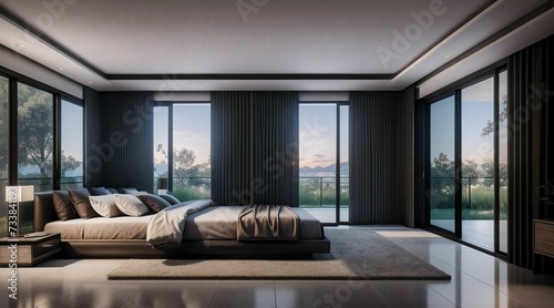 a bedroom with large windows in the background and a view