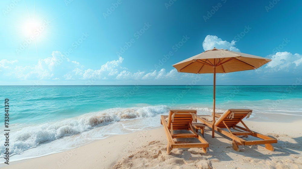 A beach scene with two loungers and a parasol on the sand. Enjoy your summer vacation by the sea and in solitude.