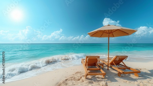 A beach scene with two loungers and a parasol on the sand. Enjoy your summer vacation by the sea and in solitude.