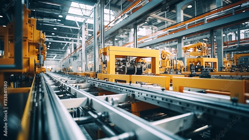 Metallic assembly line surface with a blurred, dynamic factory background. Perfect for product presentation. Metallic assembly line surface with a blurred, dynamic factory background. Perfect for product presentation.