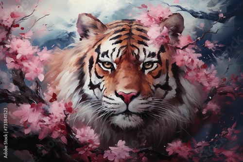 AI-generated illustration of a majestic tiger against a backdrop of beautiful cherry blossom trees