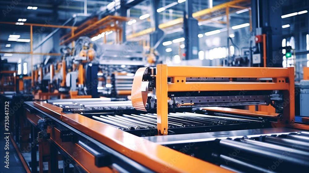 The interior of an Industry 4.0 smart factory, where advanced automation, machinery, and robotics operate in a futuristic industrial setting.
The interior of an Industry 4.0 smart factory, where advanced automation, machinery, and robotics operate in a futuristic industrial setting.