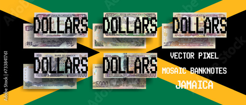 Vector set of pixel mosaic banknotes of Jamaica. Collection of notes in denominations of 50, 100, 500, 1000 and 5000 dollars. Obverse and reverse. Play money or flyers.