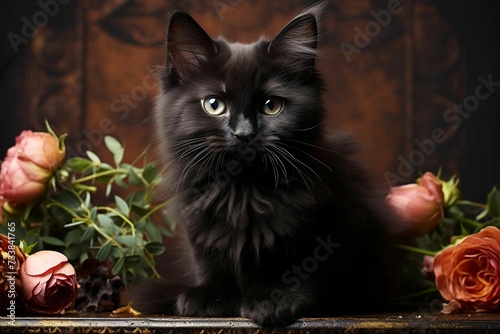 a black kitten laying down on a table with flowers around it