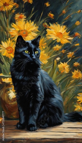 AI generated illustration of A black cat surrounded by a colorful display of fluffy daisies