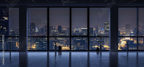 empty night time office space with lit city panorama visible in the background  9 