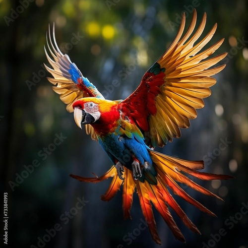 AI generated illustration of A vibrant Macaw soaring with a blurry background © Wirestock