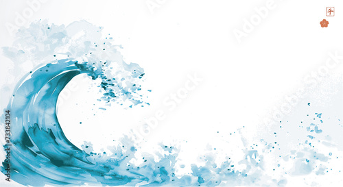 Ink wash painting of the blue wave. Traditional oriental ink painting sumi-e, u-sin, go-hua. Translation of hieroglyph - spirit.