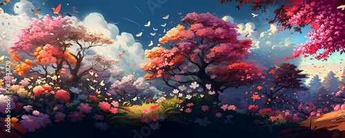 AI generated illustration of vibrant flowers and trees on a sunny day