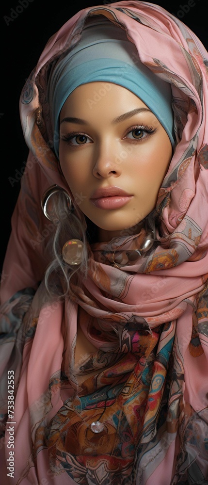 Beautiful woman wearing a headscarf stands in a graceful pose for a photograph. Ai generated