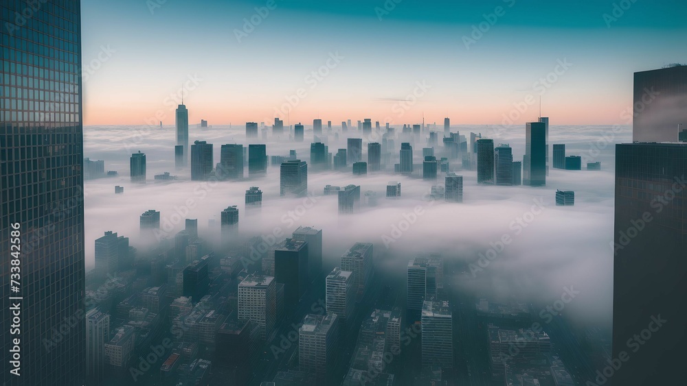 AI generated bustling city skyline shrouded in a mysterious fog