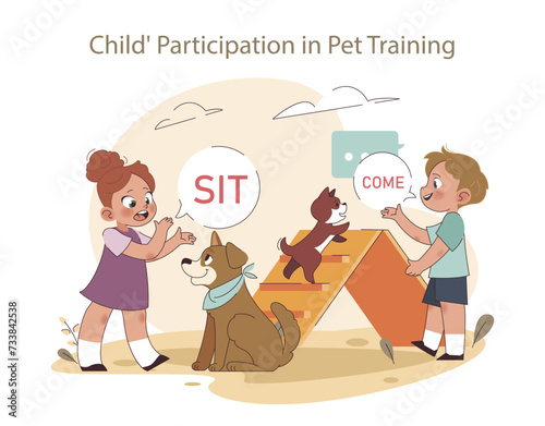 Engaged Learning concept. Siblings practice commands during pet training, highlighting their active role in the dog's education.
