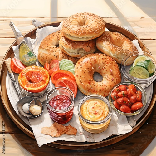 AI generated illustration of a watercolor painting of a traditional jewish american style breakfast