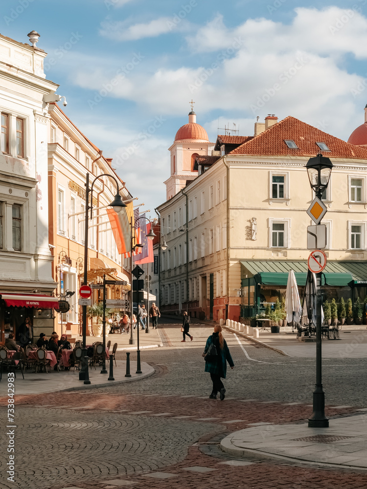 A street in in Vilnius Old Town in autumn. Old town architecture
