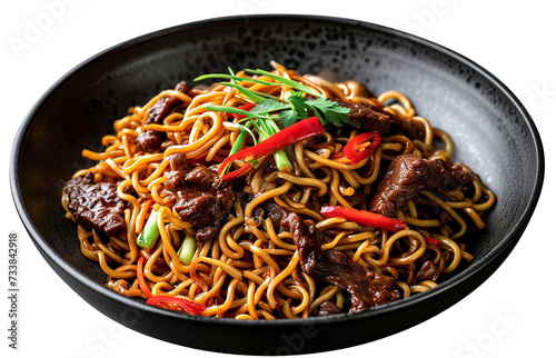 Black plate with noodles with beef isolated on transparent background