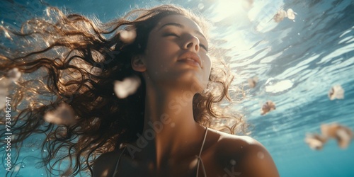 Young woman in the ocean water, her hair tossed by the gentle sea breeze, AI-generated. © Wirestock