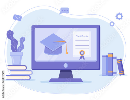 Certificate on monitor screen for e-learning course, webinar and online education concept on desktop with books, vector flat illustration