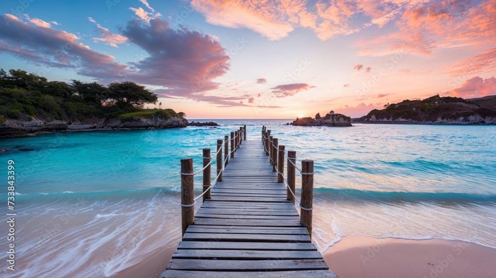 AI generated illustration of a wooden dock on a secluded beach paradise at the sea AI generated illustration of a wooden dock on a secluded beach paradise at the sea