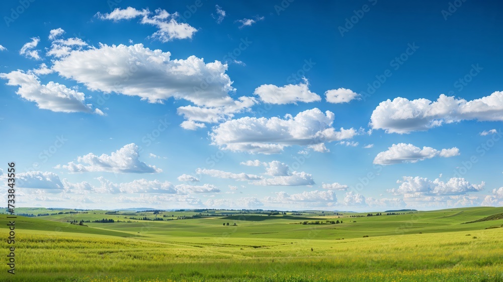 AI generated illustration of a peaceful prairie panorama with rolling green hills